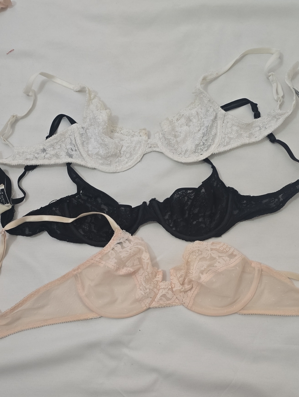 Dior Lace Underwire Vintage Bras in White  Peach, And Black